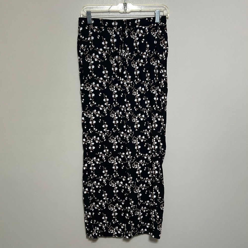 Love Wish Women's Pants S Black Floral Wide Leg Drawstring Elastic Waist Rayon